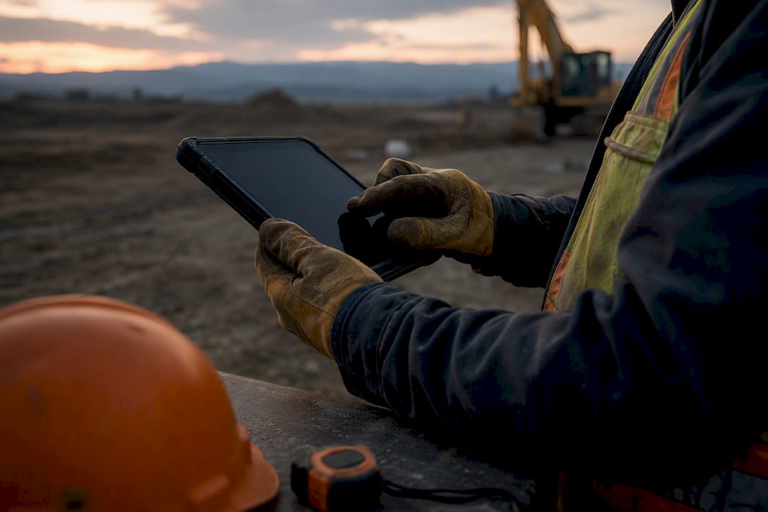 Contractor hands inputting data on tablet