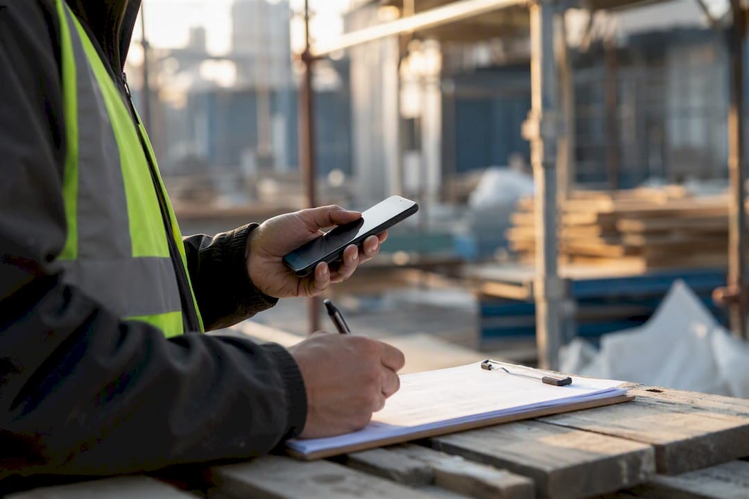 Foreman reporting task status hands close-up