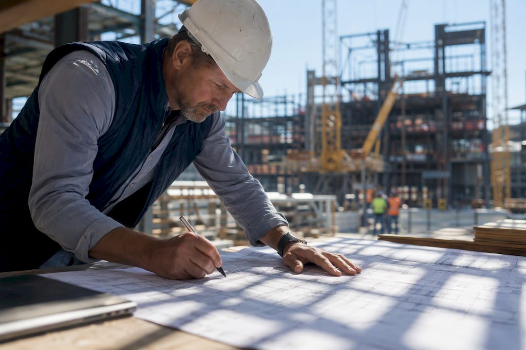 Manager marking construction blueprint on site