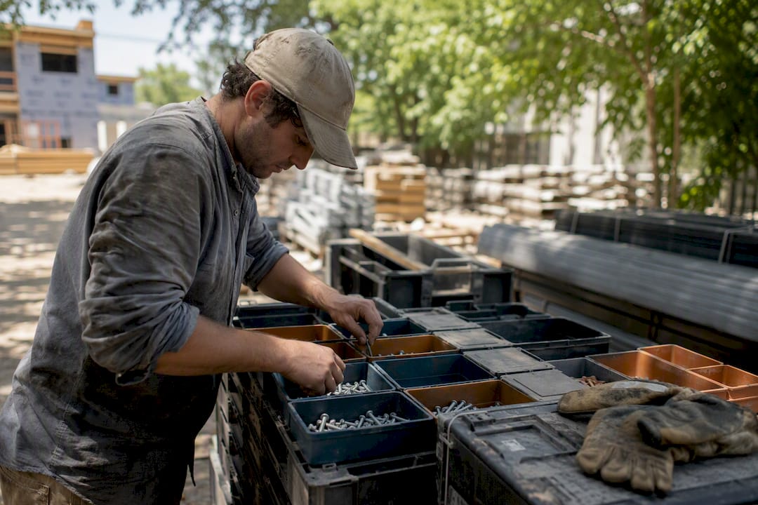 Worker organizing construction materials on site