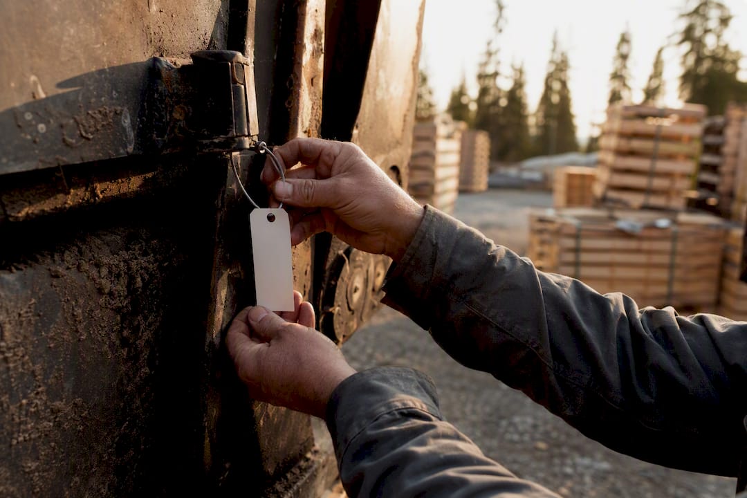 Hands tagging large construction equipment outdoors