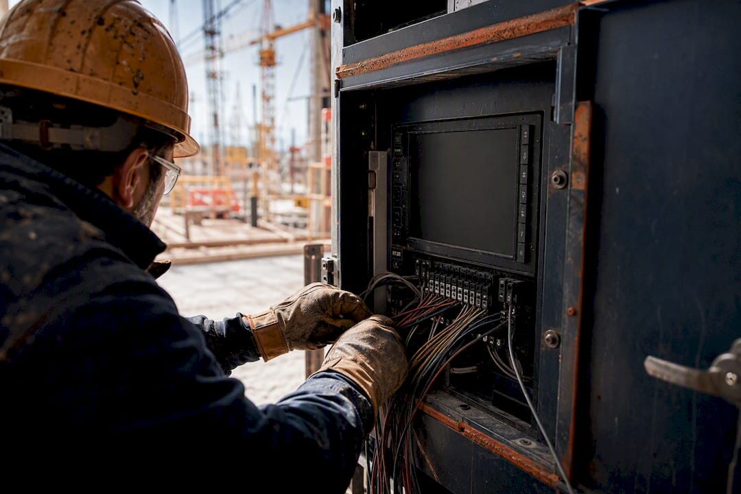 Hands adjusting construction field control panel