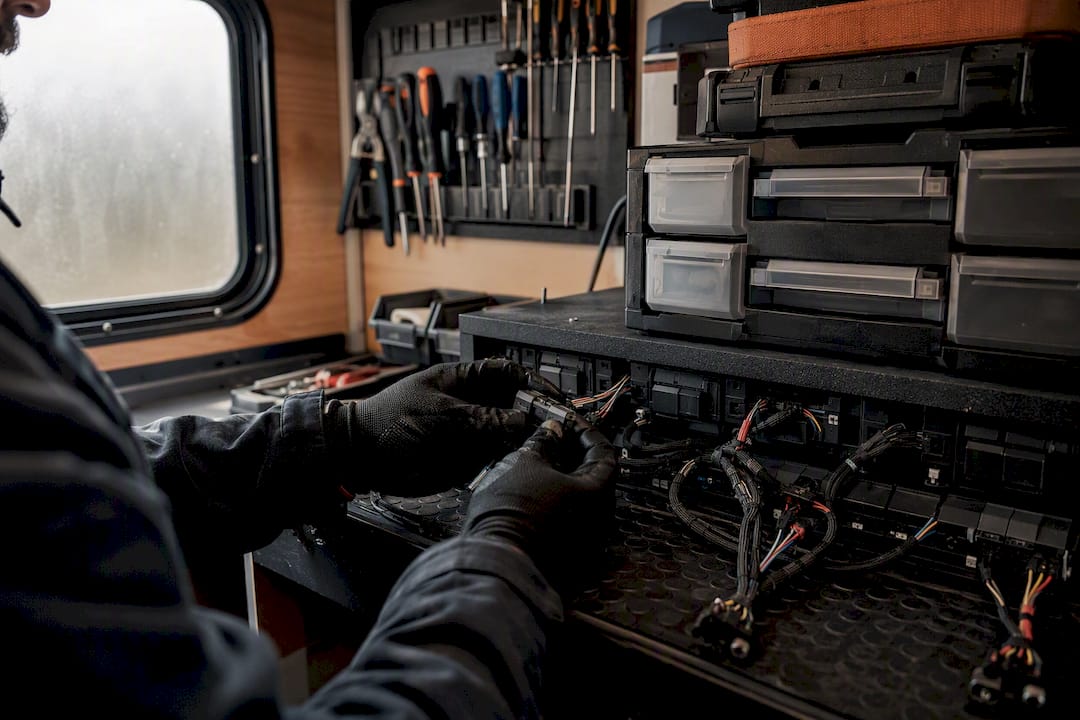 Hands connecting wiring in construction trailer
