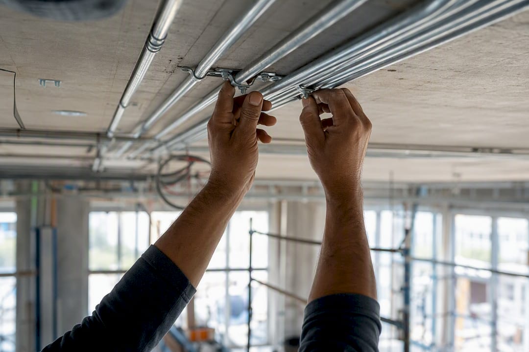 Electrician hands installing conduit pipes