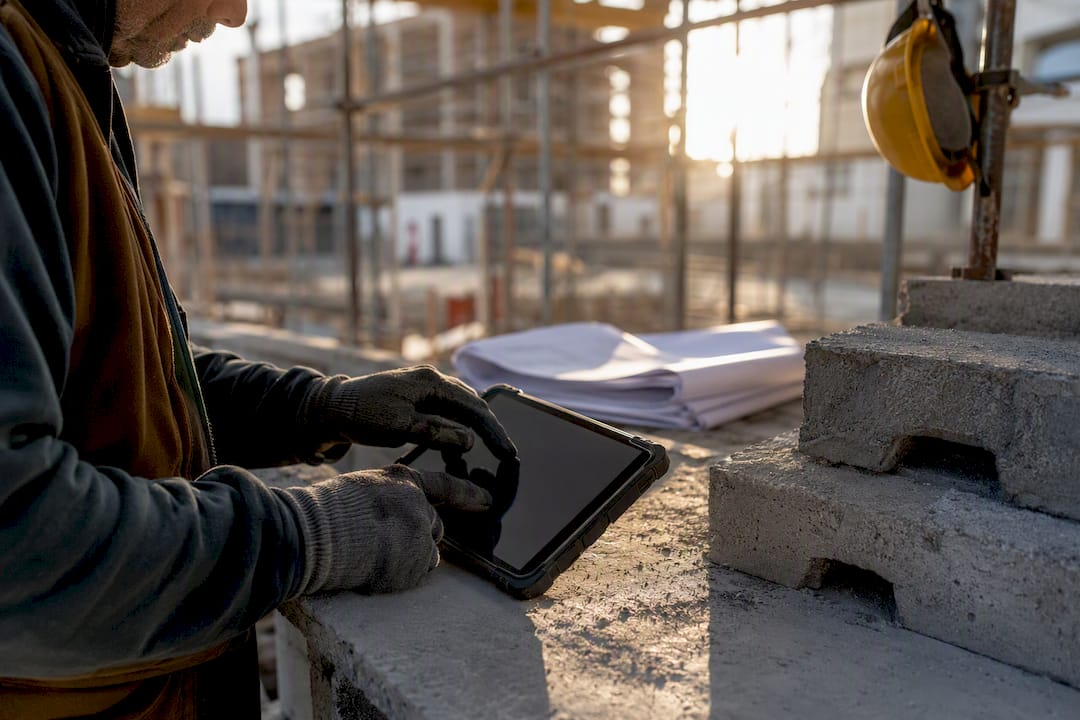 Hands holding tablet on construction site workbench