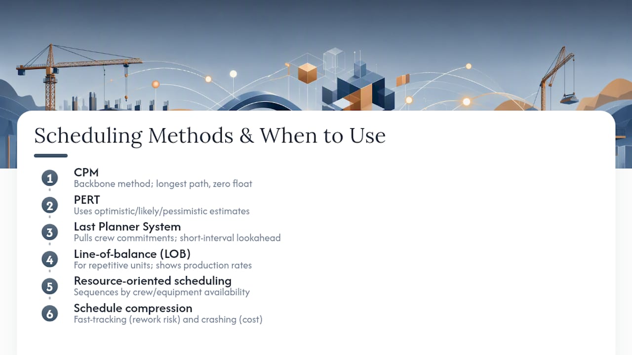 Seven construction scheduling methods compared