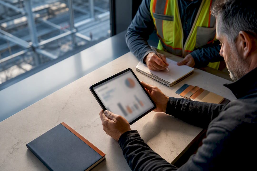 Construction controller reviewing job cost data