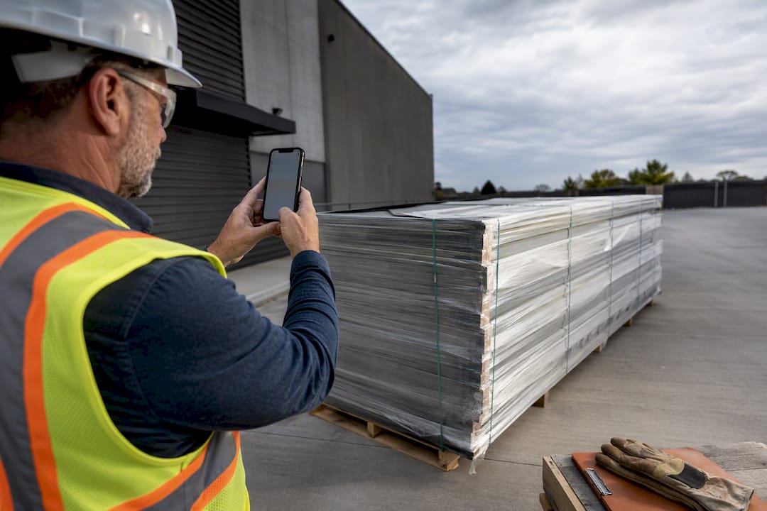 Foreperson photographing delivered construction materials