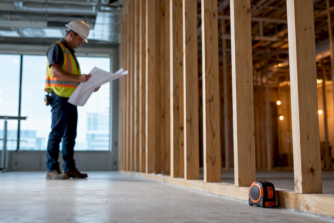 Superintendent checking wall framing against drawings