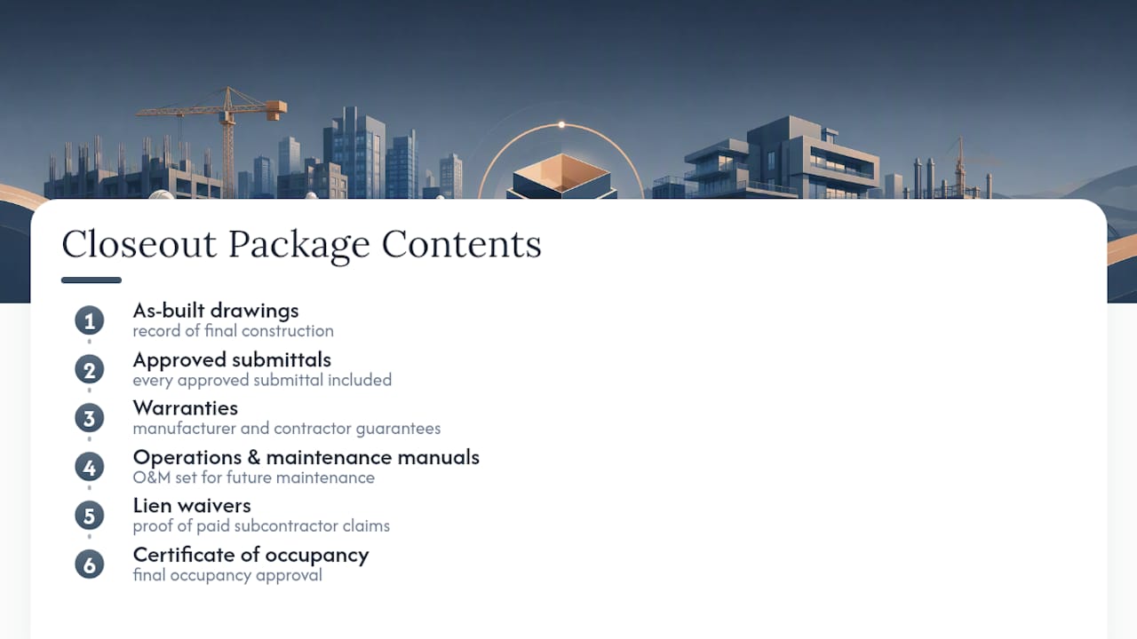 Six components of a construction closeout package