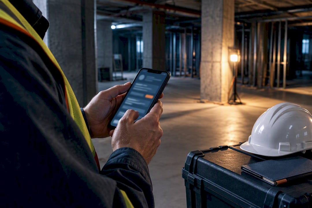 Foreman using mobile app in basement jobsite
