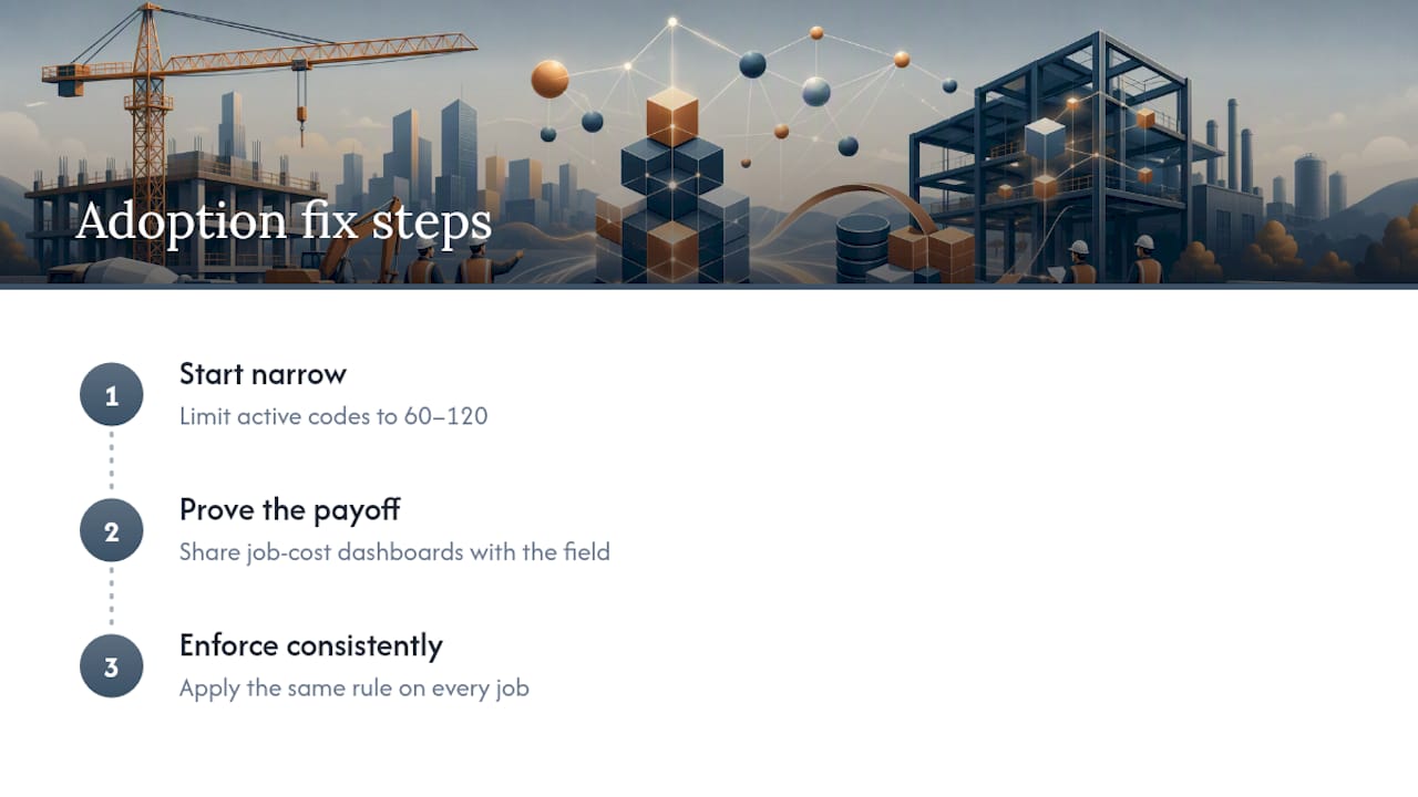 Why Cost Code Adoption Stalls (And How to Fix It) — overview diagram