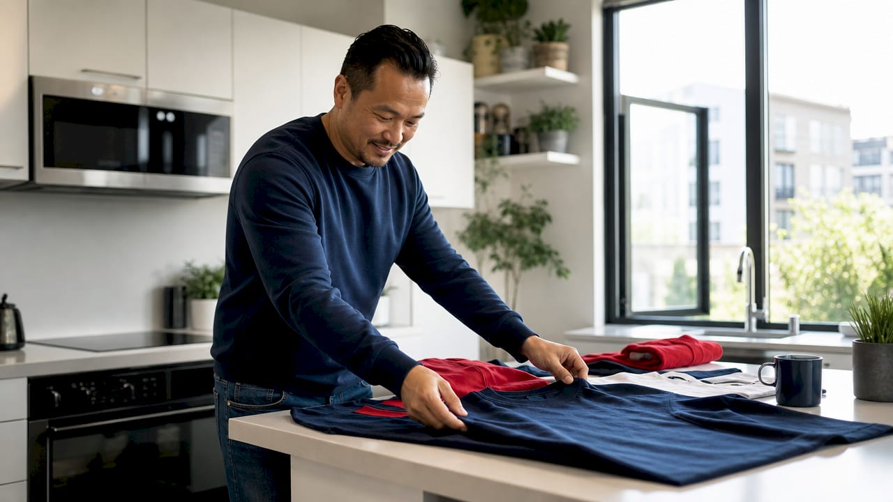 Man at desk handling Christian themed clothing
