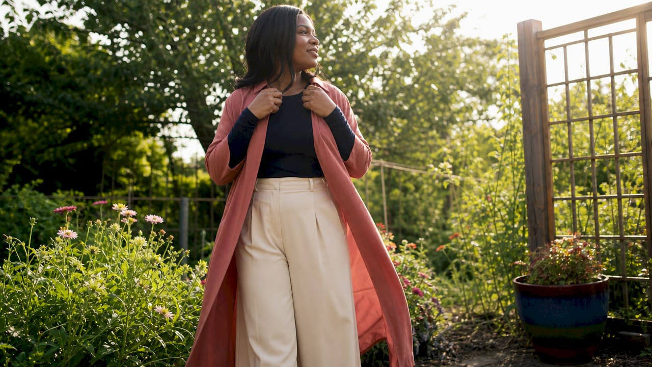 Woman adjusting cardigan middle layer outdoors