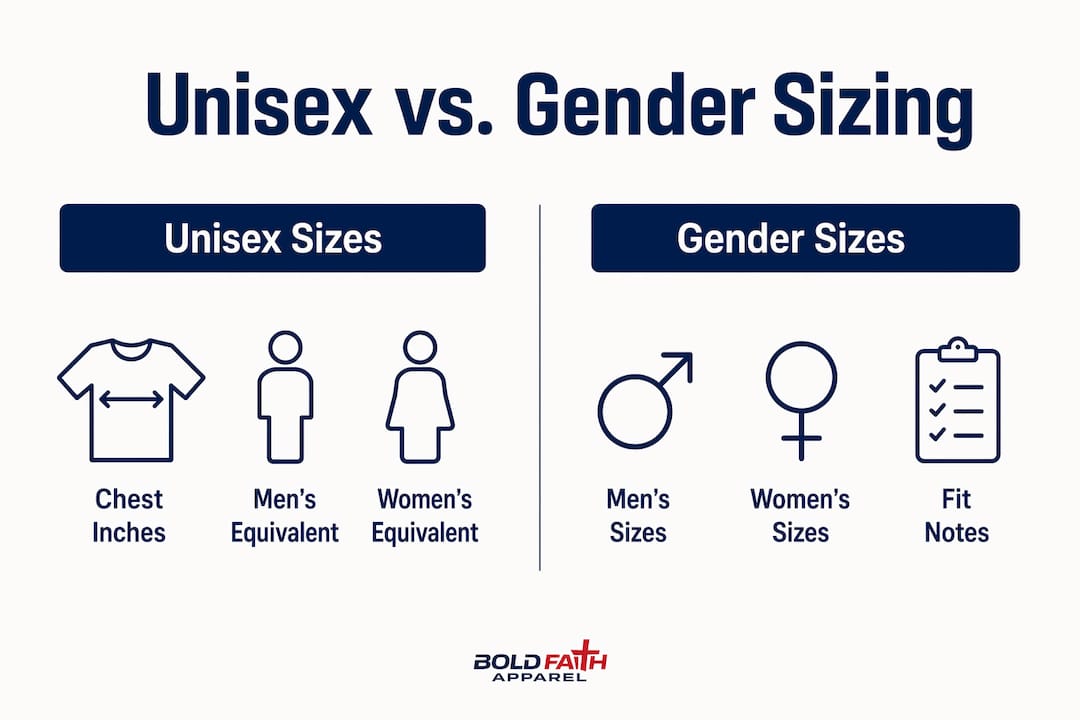Infographic comparing unisex and gender apparel sizing