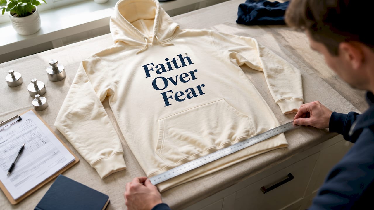 Hands measuring chest width of Christian hoodie