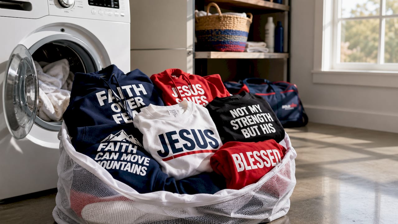 Mesh laundry bag with faith hoodies ready for washing