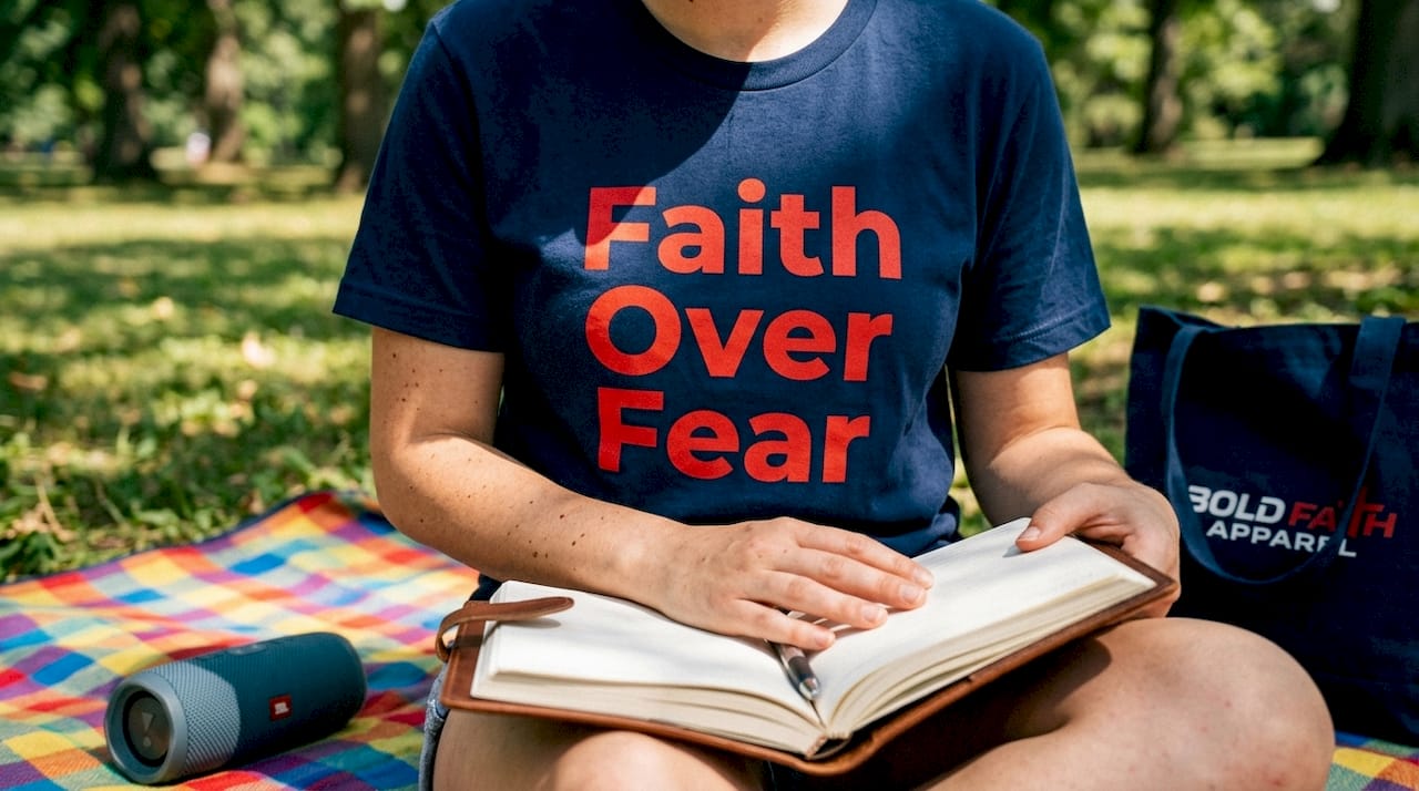 Close-up of Jesus Saves graphic tee and Bible