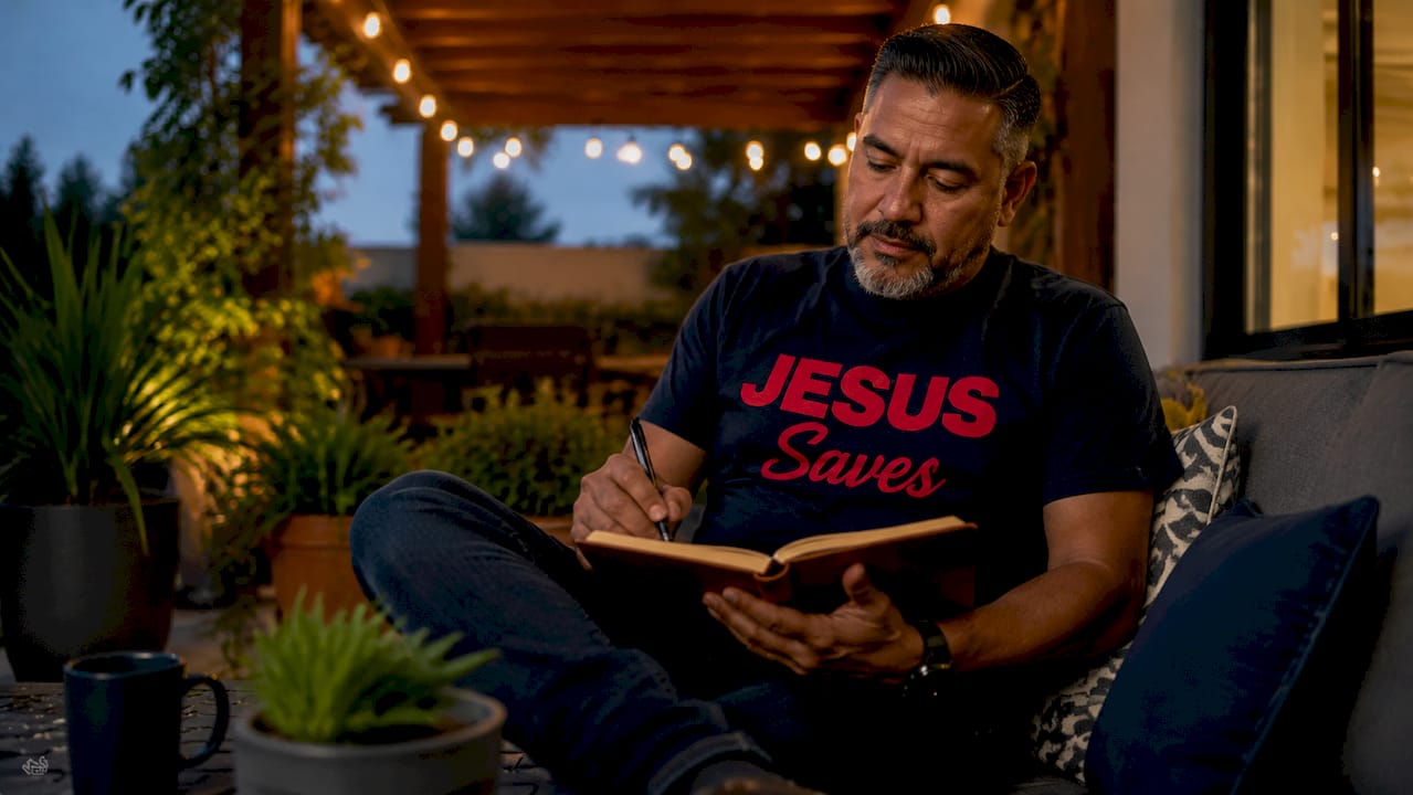 Man wearing Jesus Saves T-shirt at desk