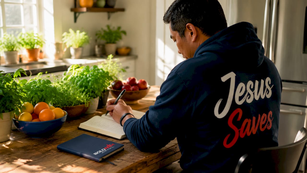 Side view man wearing Jesus Saves Christian hoodie indoors