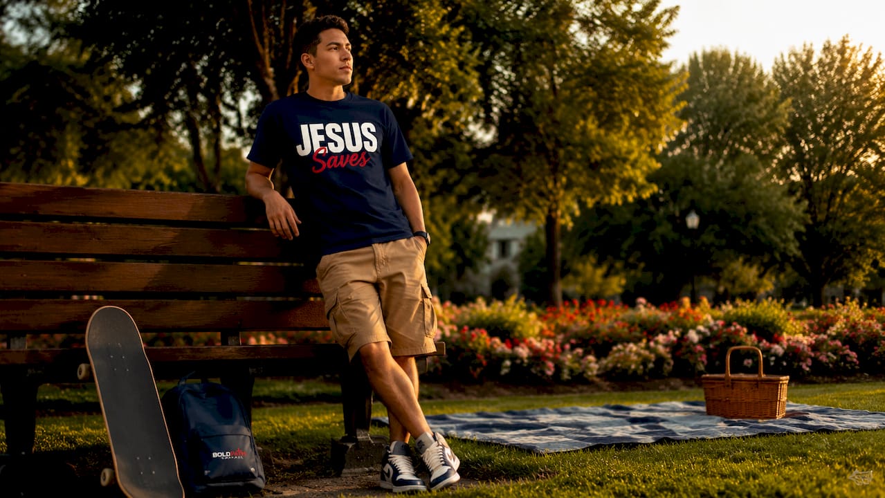 Young man wearing JESUS Saves T-shirt outdoors