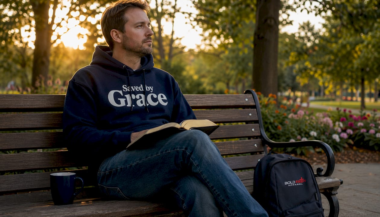 Man wearing Christian message T-shirt at café table