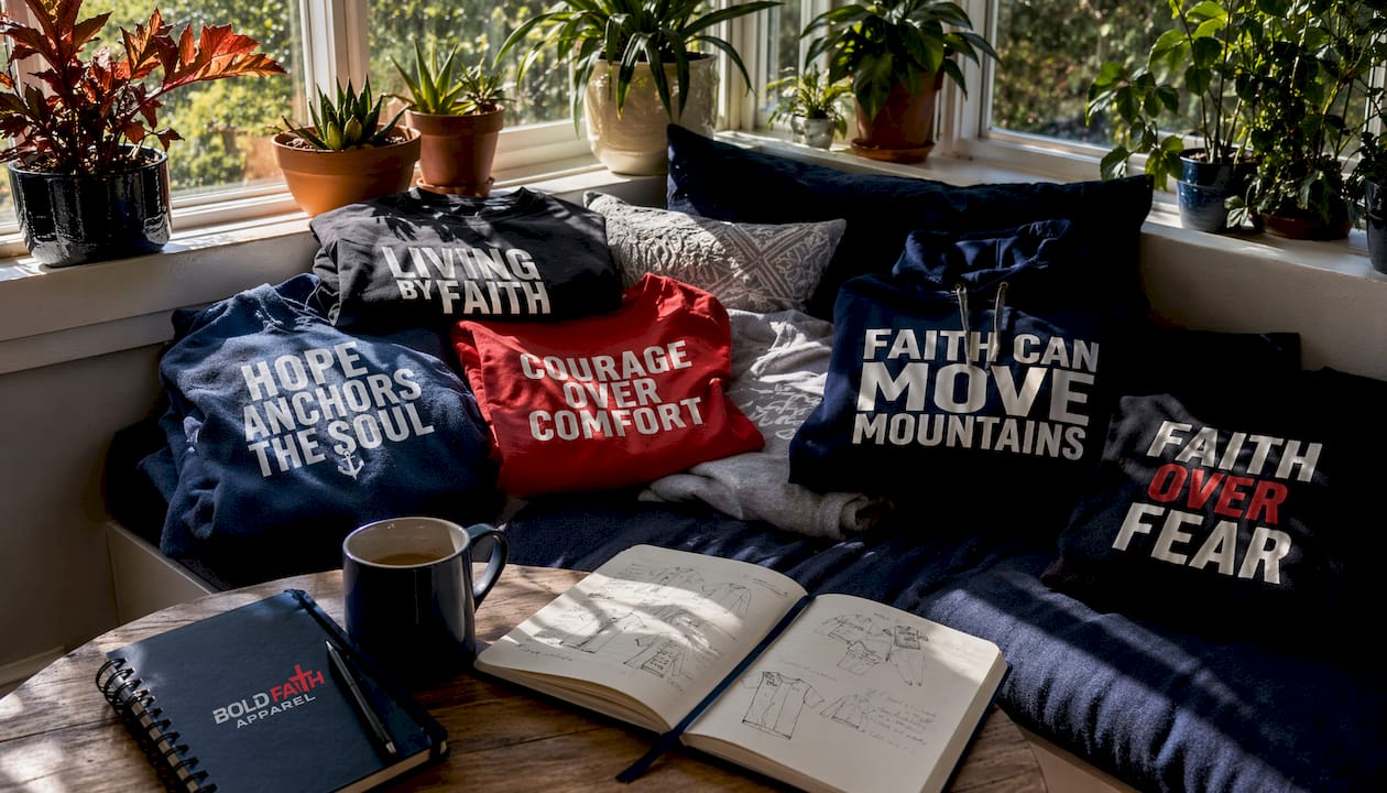 Folded Christian T-shirts and hoodies with faith messages on table