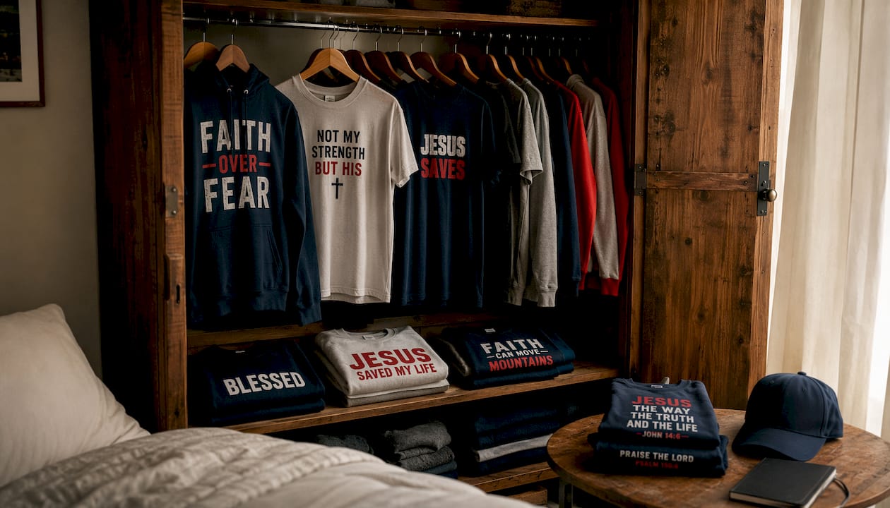 Closet with neatly hung faith apparel and folded shirts