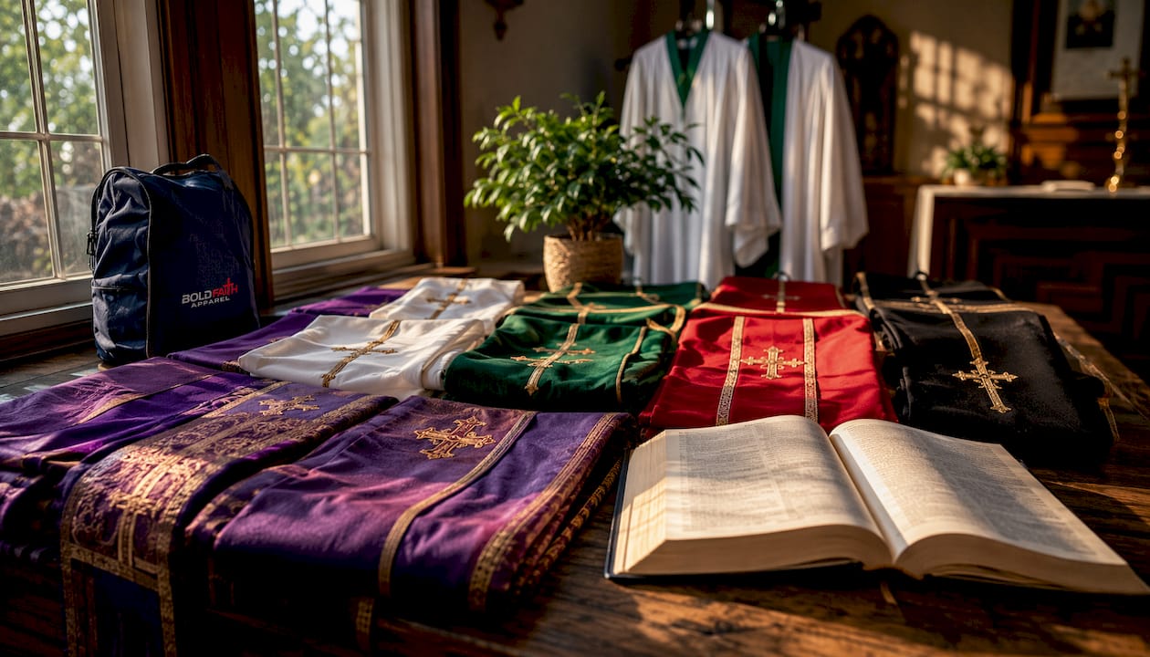 Liturgical colored Christian garments displayed on wooden table