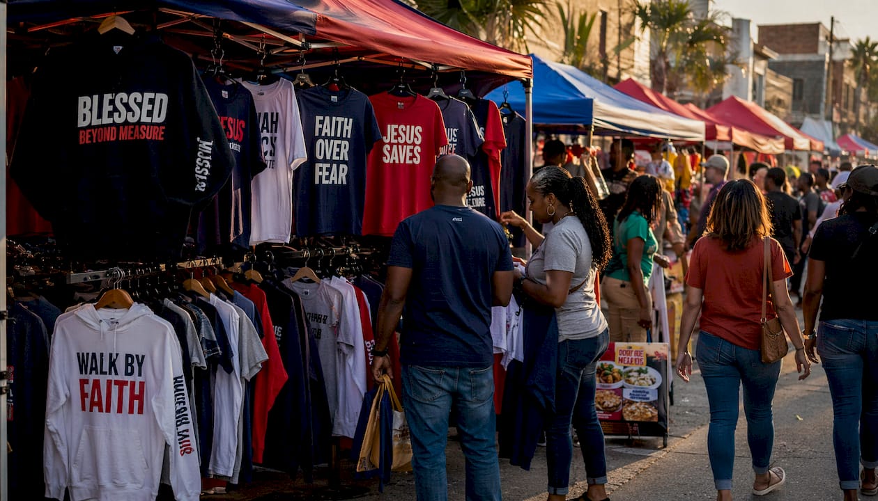 Colorful Christian apparel displayed at multicultural outdoor market