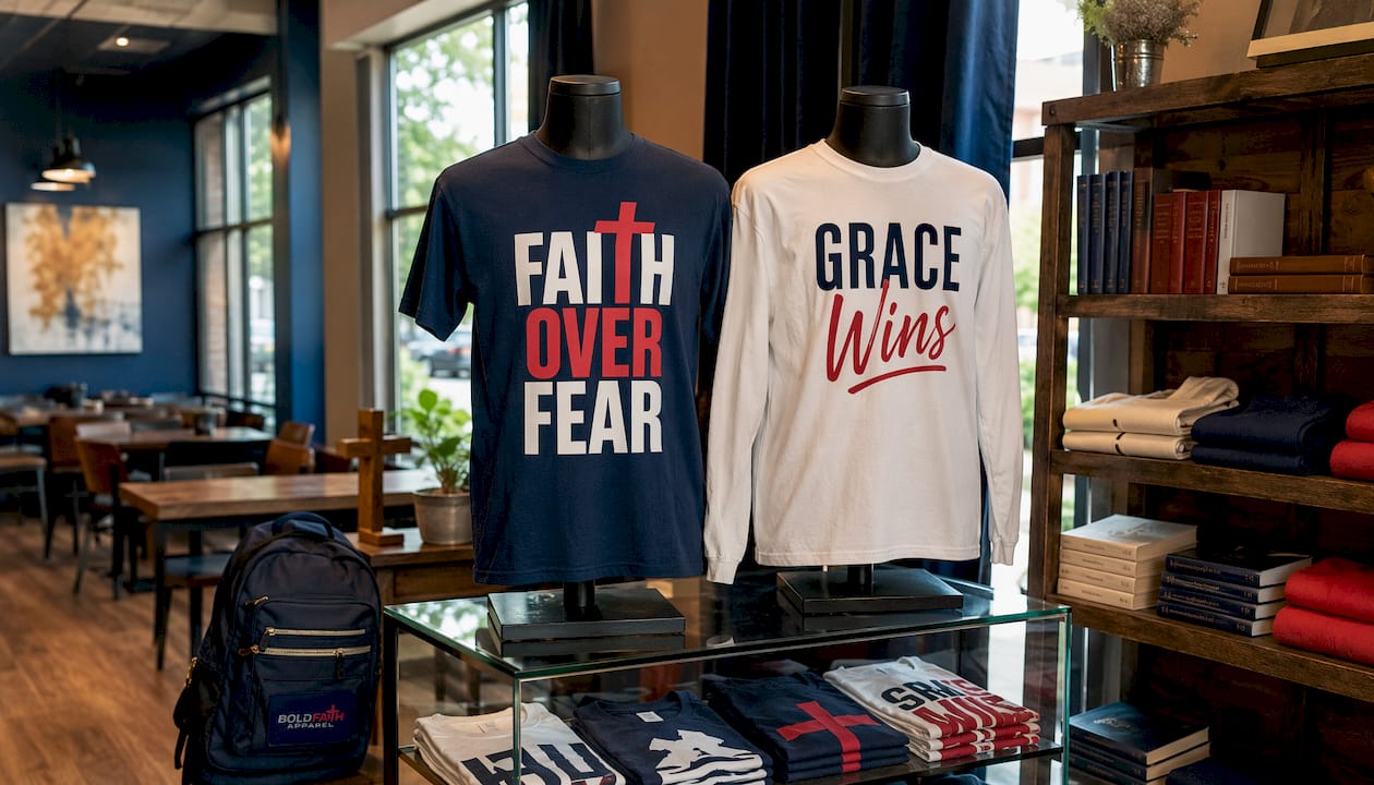 Mannequins displaying faith message hoodies and tees