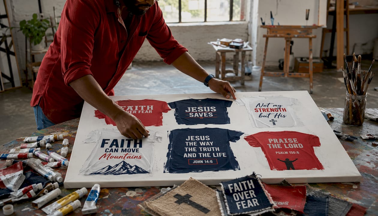 Hands sketching faith shirt designs at art desk