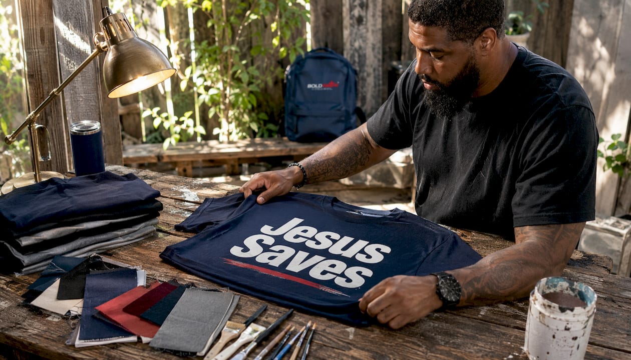 Hands working on Jesus Saves T-shirt in workshop