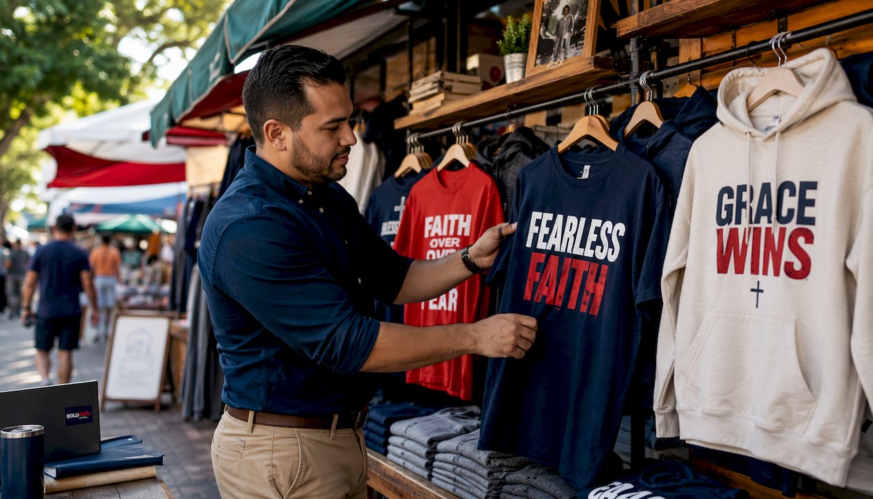 Retail manager arranging Christian T-shirts