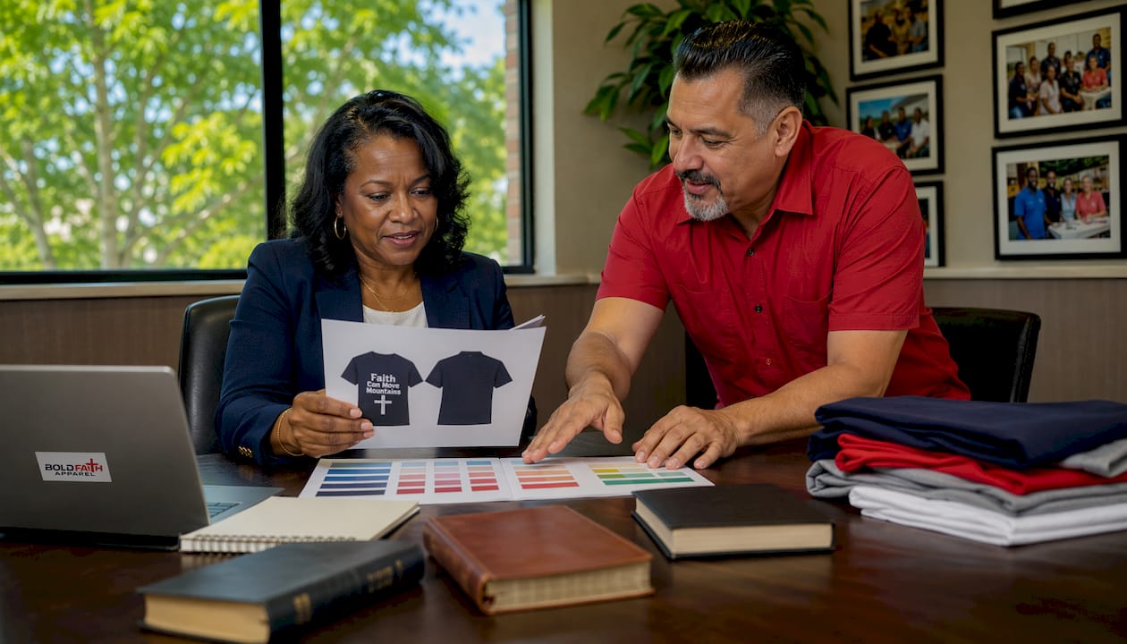 Church leaders reviewing faith shirt design samples