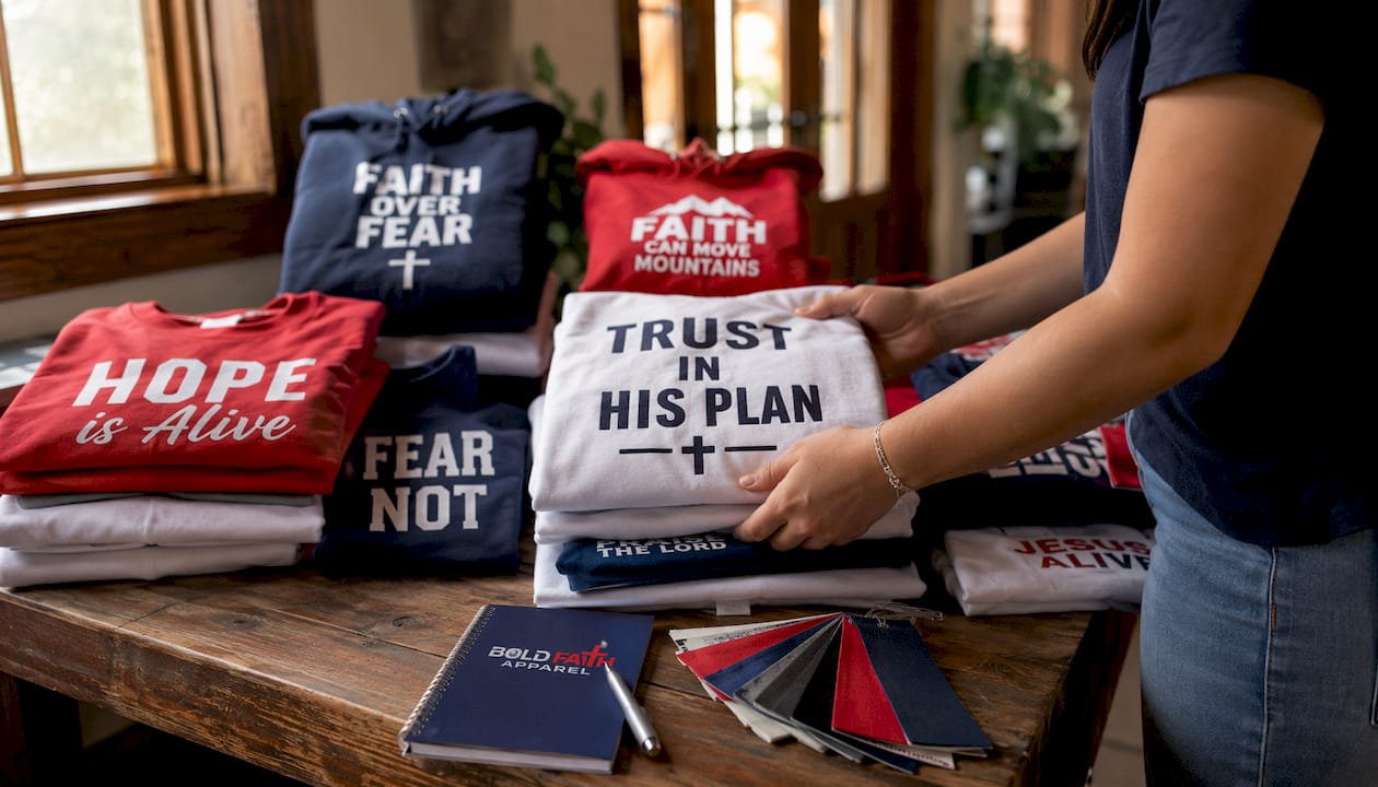 Hands sorting folded Christian message shirts in church storeroom