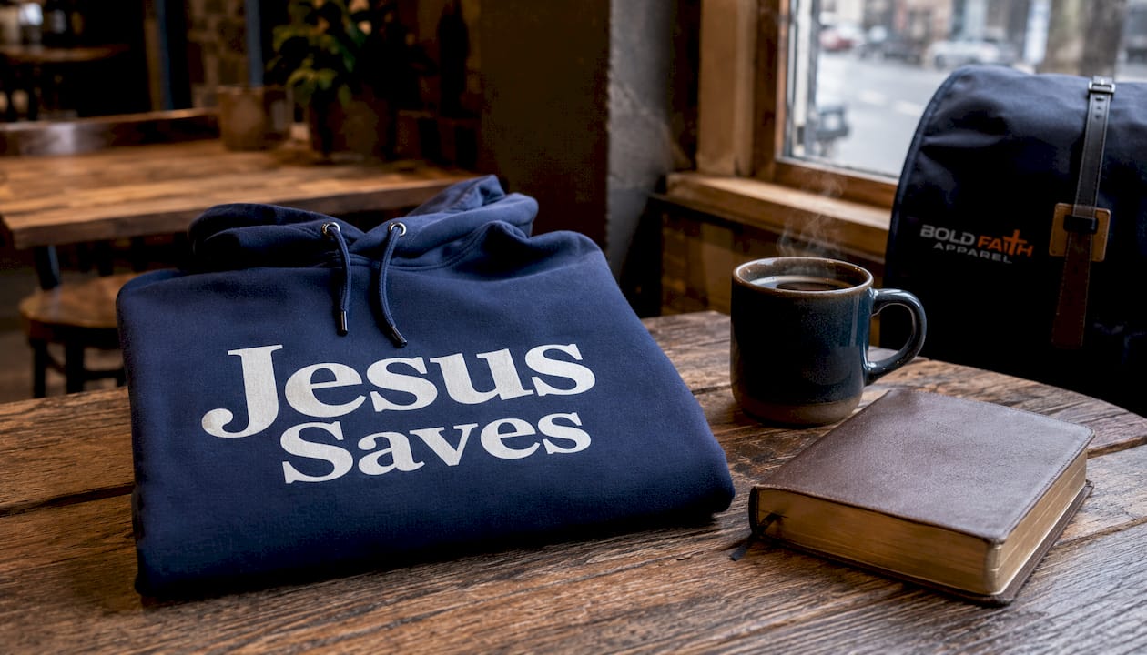 Folded blue hoodie with Jesus Saves text and Bible