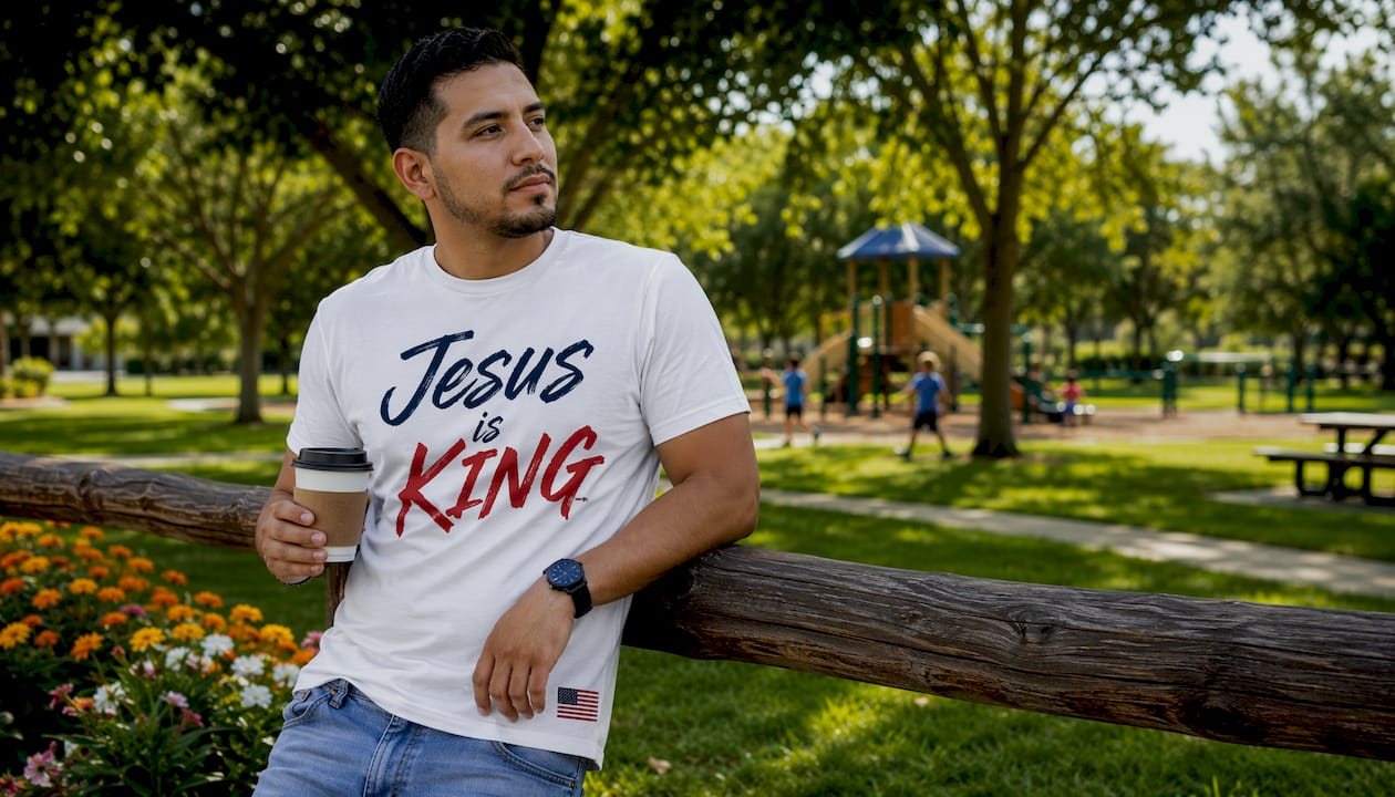 Man outdoors wearing Jesus is KING patriotic t-shirt