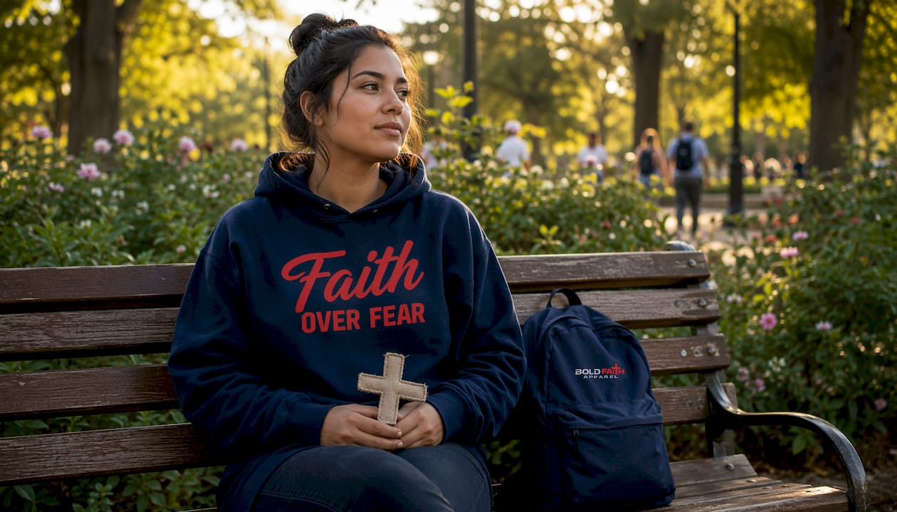 Person wearing JESUS is KING hoodie sitting on bus bench