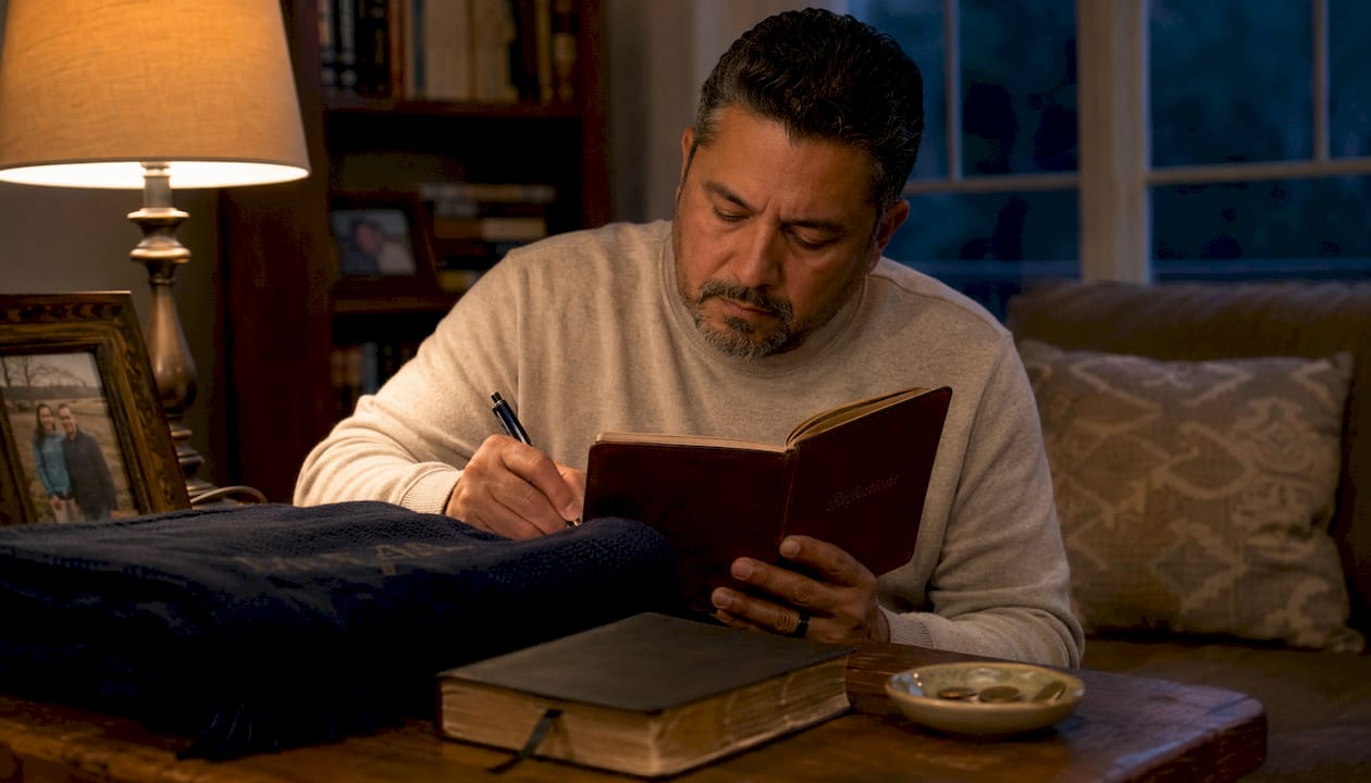 Man journaling evening gratitude by candlelight