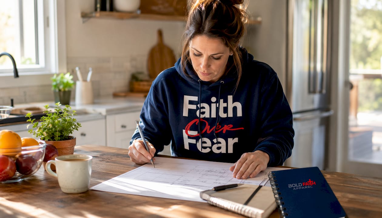 Engineer wearing faith hoodie at work desk
