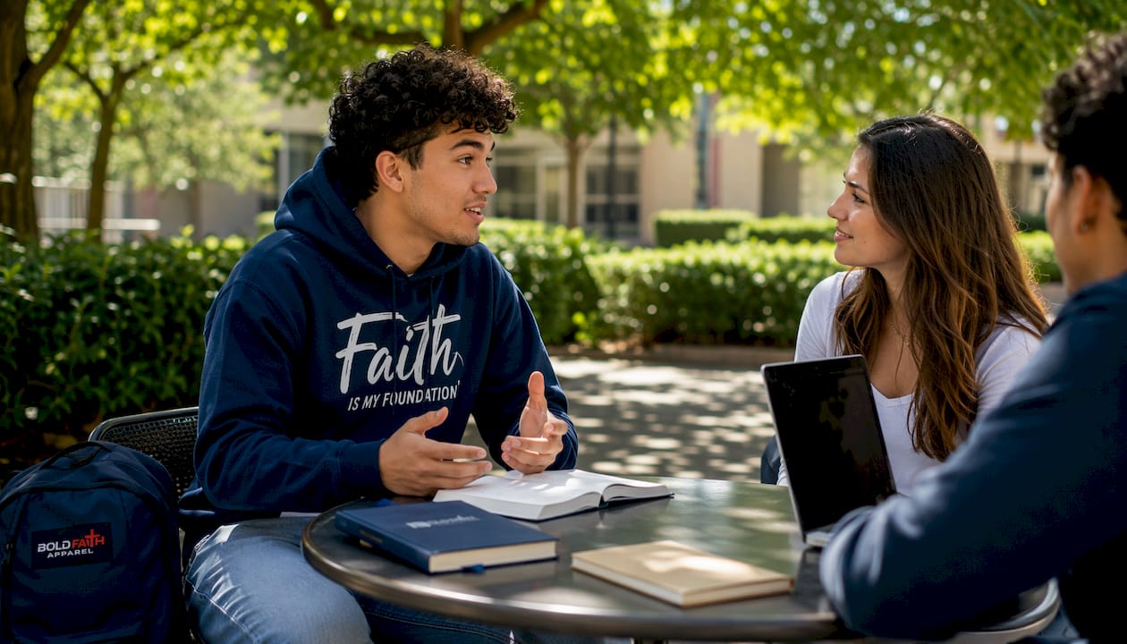 Student wearing Jesus Saves hoodie talking outdoors