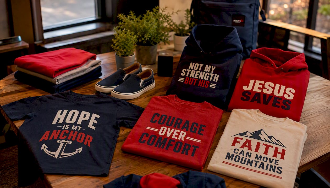 Overhead view of Christian message T-shirts on table