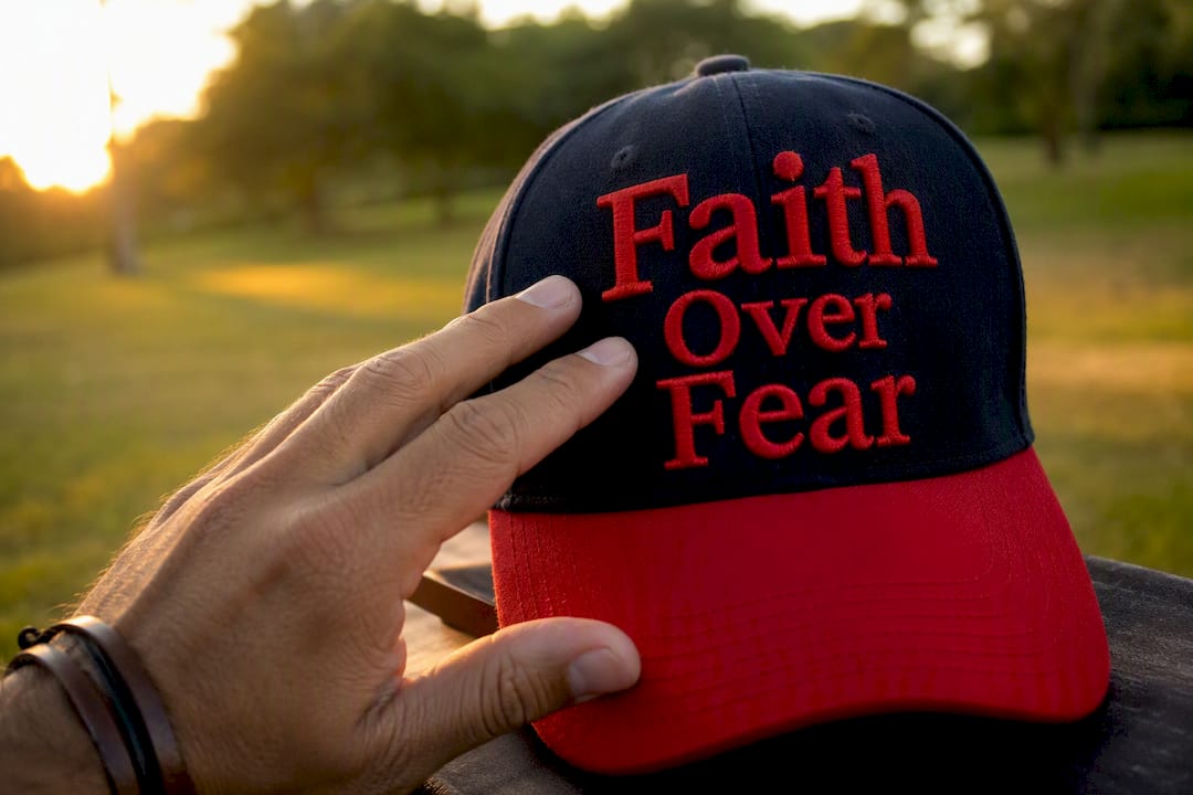 Hand touching embroidered Christian cap