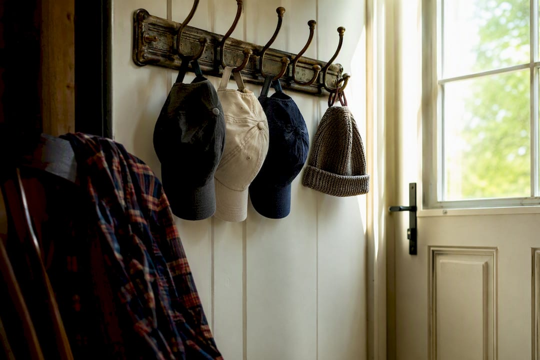 Christian hats hanging on wooden rack for care