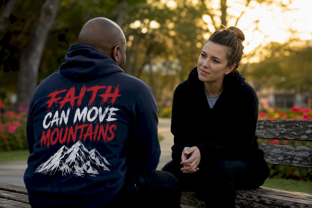 Two people sharing faith conversation on bench