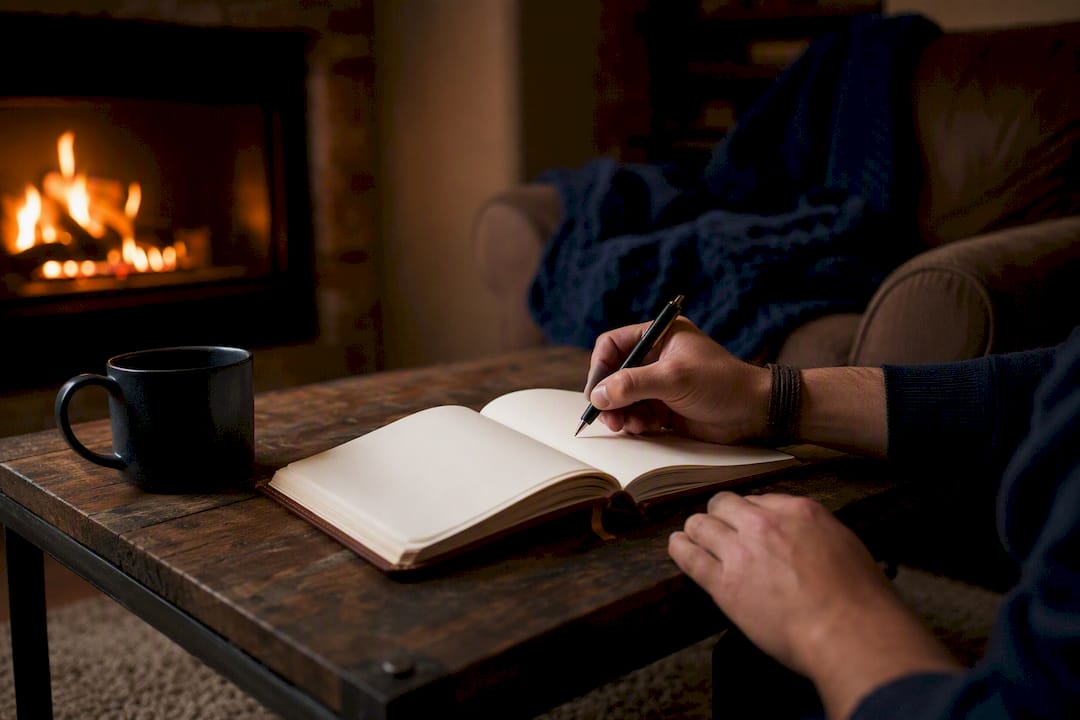 Hand journaling prayer next to Bible and coffee