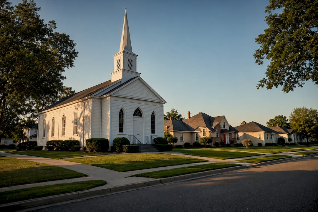 Midcentury suburban church neighborhood