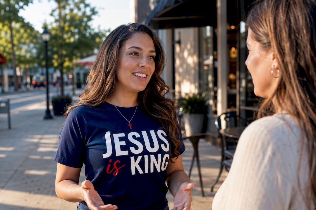 Christian woman sharing faith in public