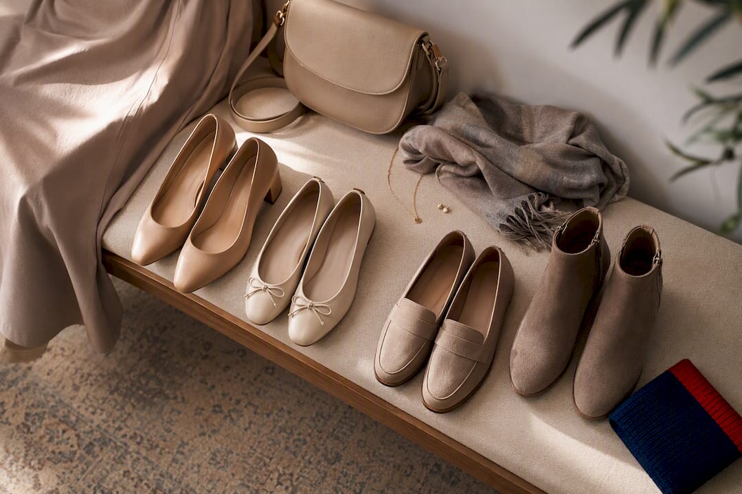 Modest outfit accessories and shoes arranged neatly
